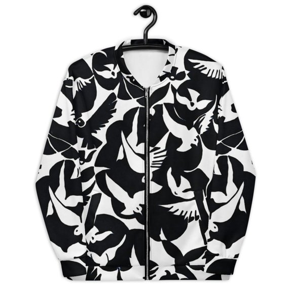 Pigeons in White and Black Pattern Unisex Bomber Jackets. - Picture 7 of 12
